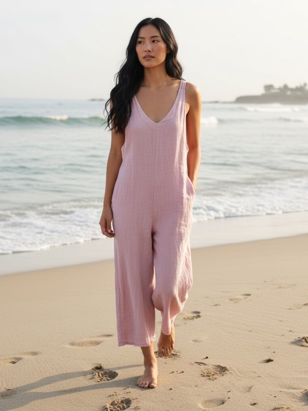 NEW COLLECTION ITALY Linen V-Neck Wide-Leg Jumpsuit Dusty Pink OS